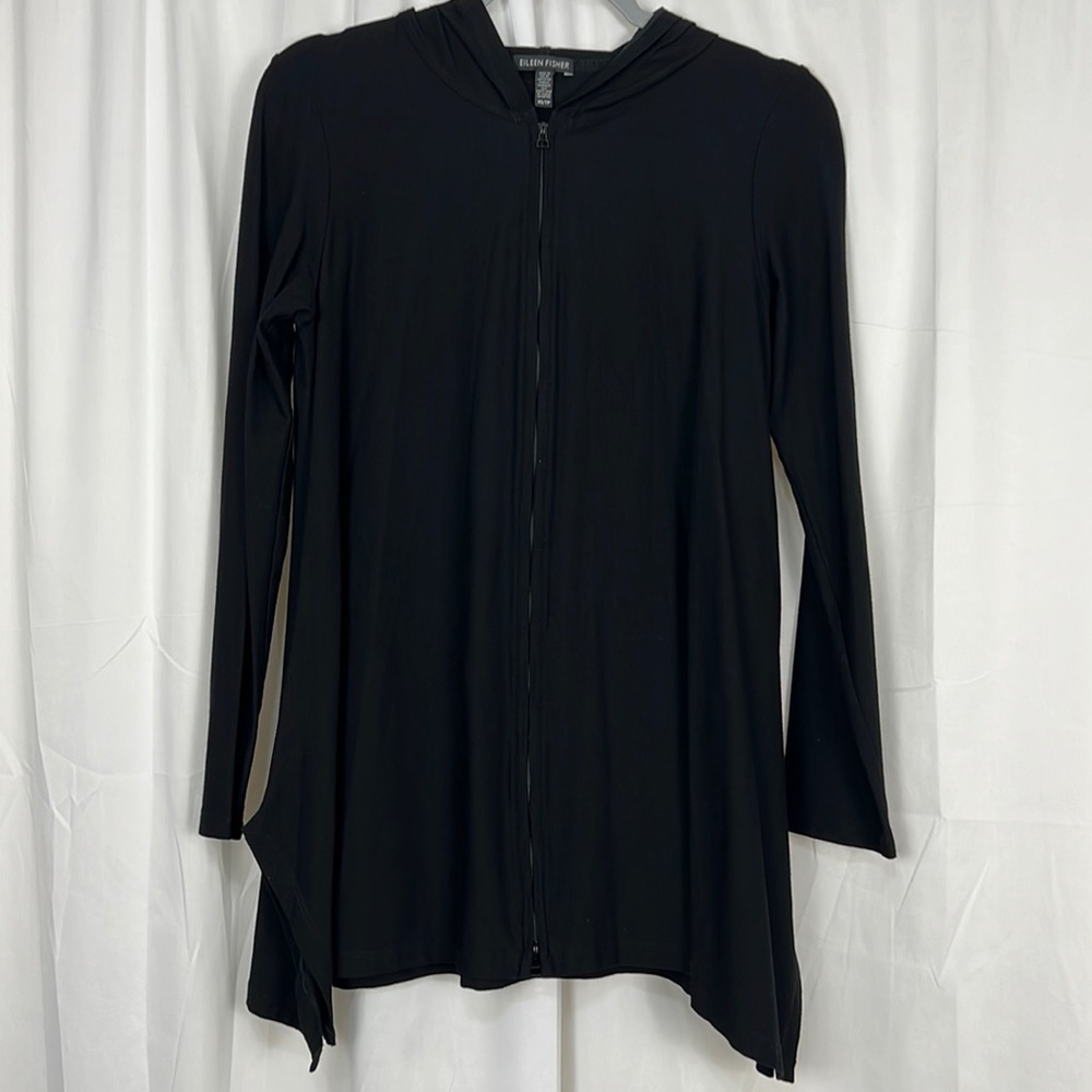 Eileen Fisher Women’s XS Black Full Zipper Hooded Asymmetrical Hem Sweater